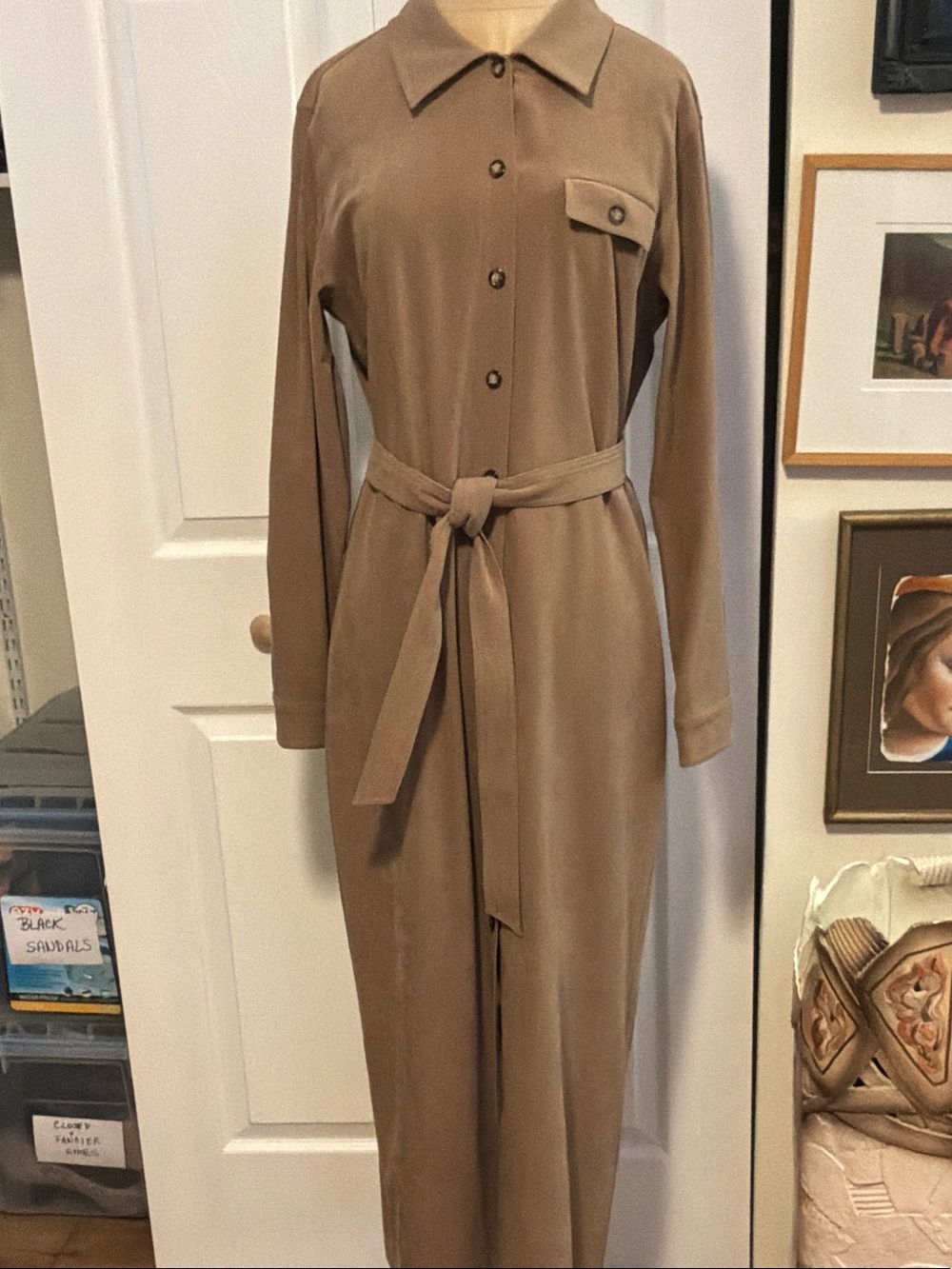 Talbots Taupe Long-Sleeve Belted Shirt Dress